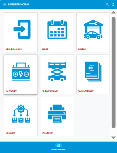 Pantalla principal de GM-Net con los módulos del taller